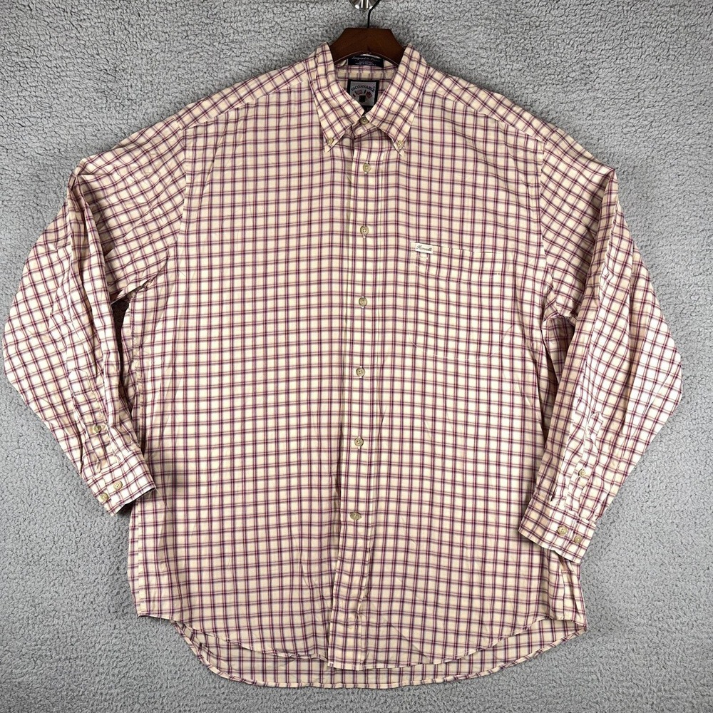 Faconnable Button Down Shirt Mens L Cream Red Blue Plaid 100% Cotton Long Sleeve